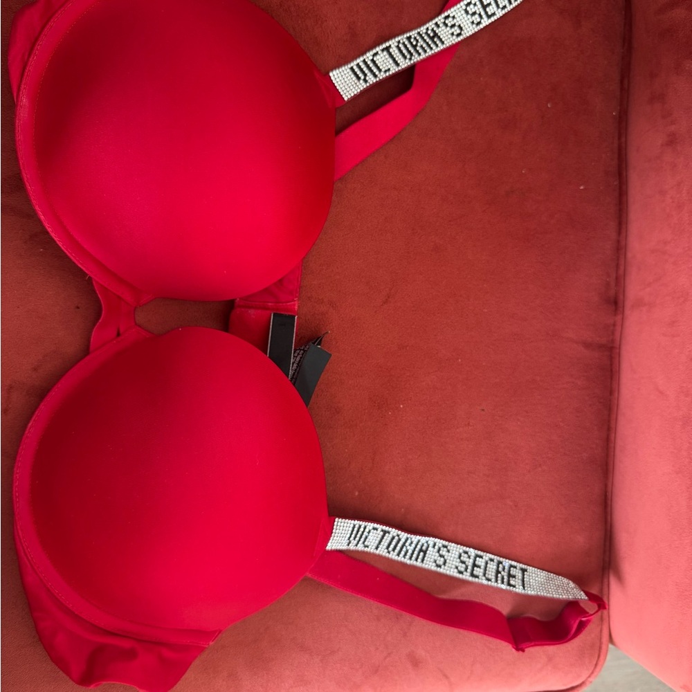 Victoria's Secret Bold Red Bra with crystal Logo Straps